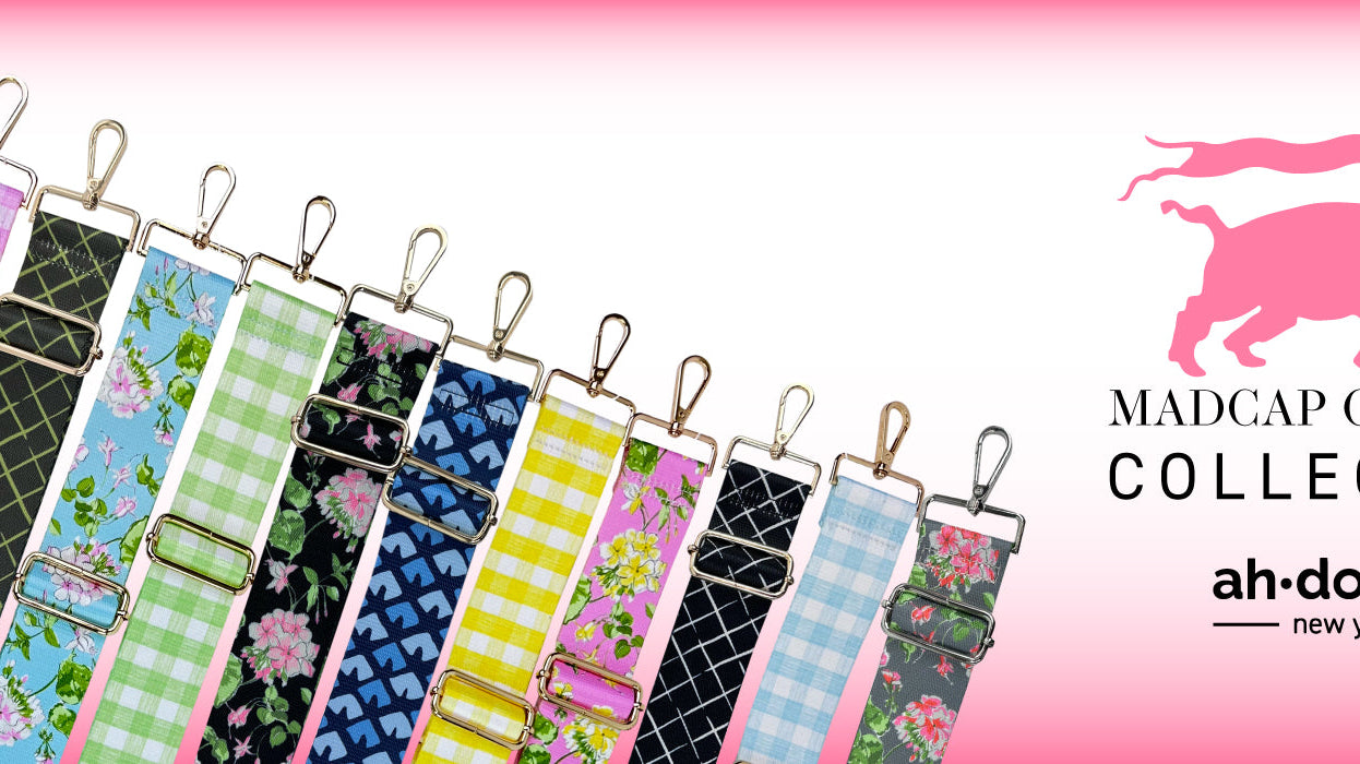 Pink background with Madcap Cottage Collection Logo next to Bag Straps