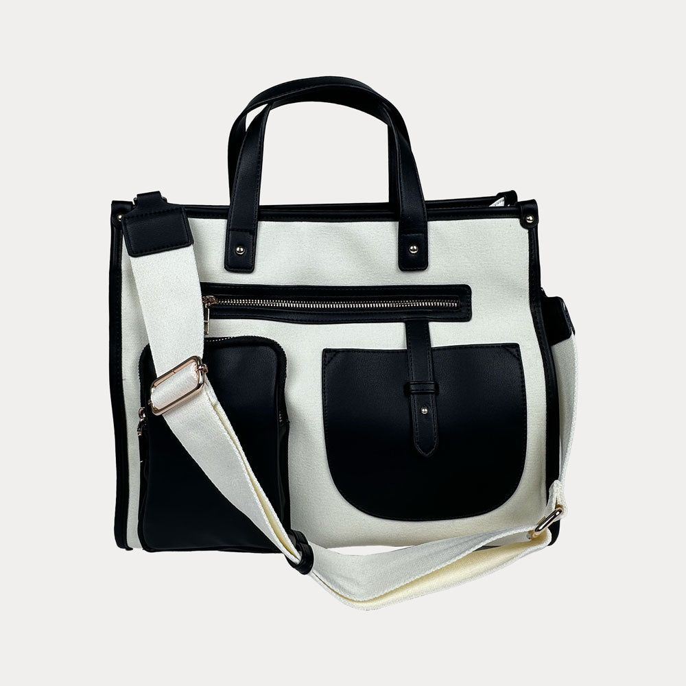 Alice Canvas Tote with Vegan Leather Handles and Front Pockets in Neutral-Black colorway.