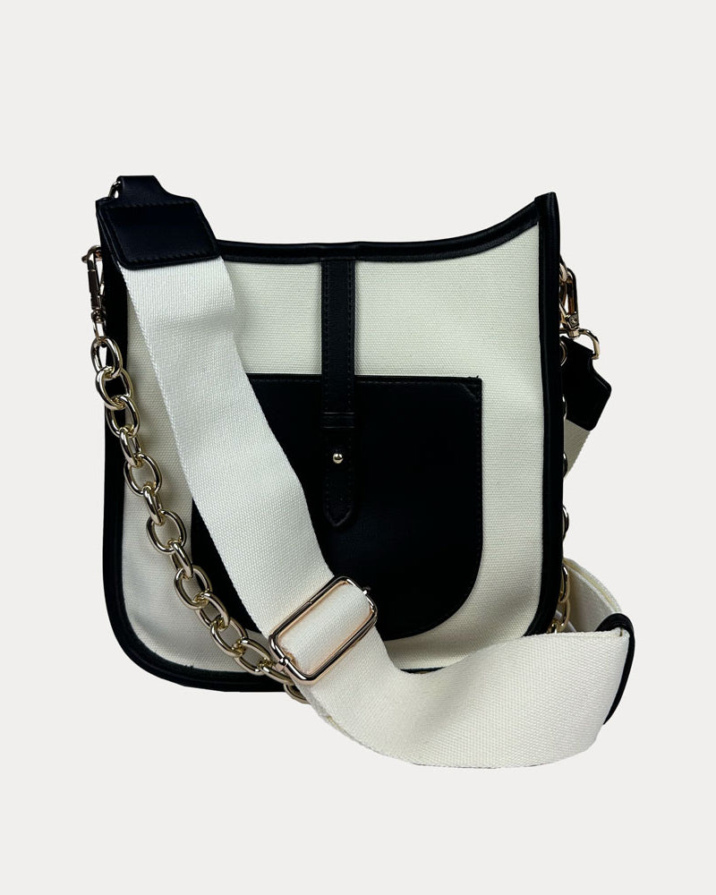 Amelia Canvas Messenger with Vegan Leather Front Pocket in Neutral-Black Colorway