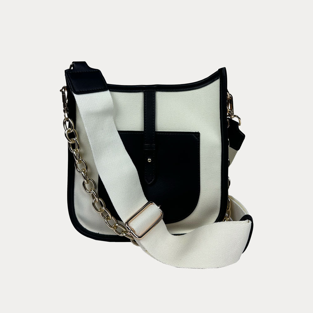 Amelia Canvas Messenger with Vegan Leather Front Pocket in Neutral-Black Colorway