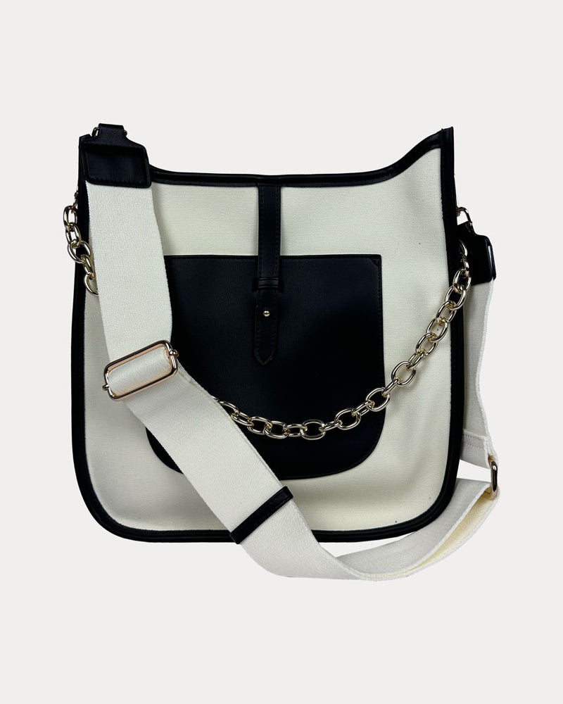 Aubrey Canvas Messenger with Vegan Leather Front Pocket- Neutral-Black Colorway