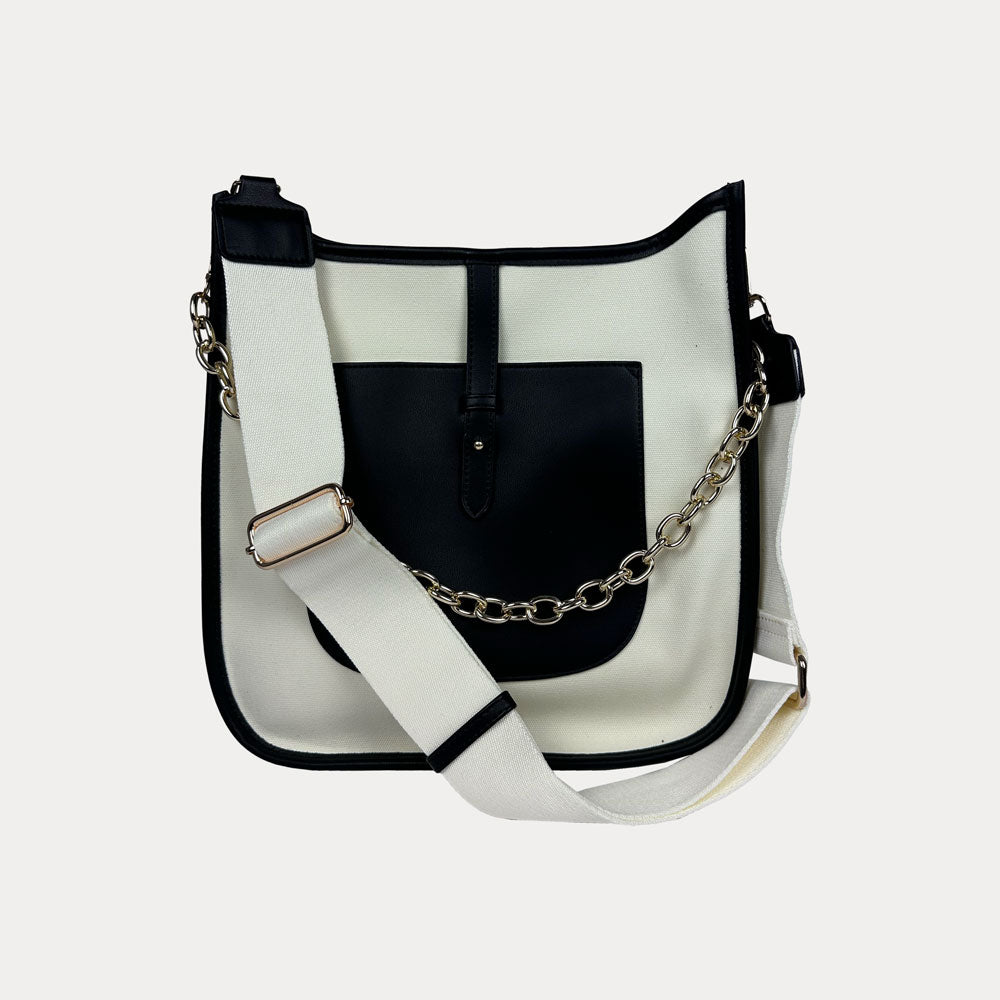 Aubrey Canvas Messenger with Vegan Leather Front Pocket- Neutral-Black Colorway
