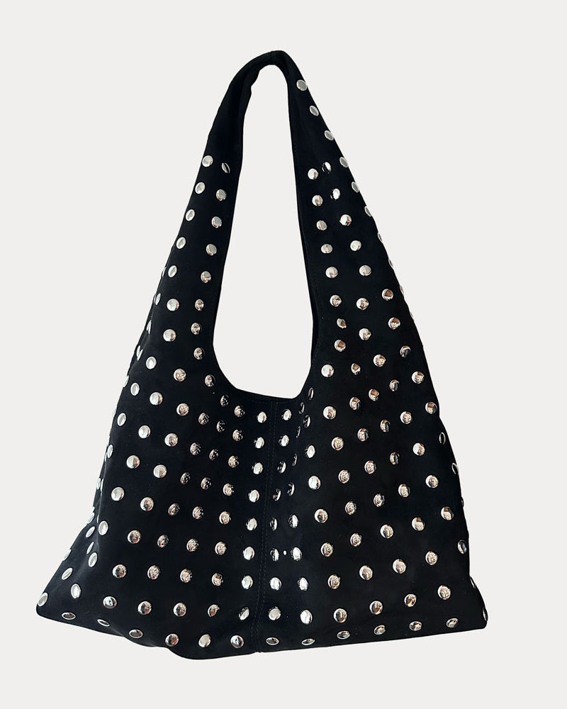 Black Slouchy Shoulder Bag with Silver Studs