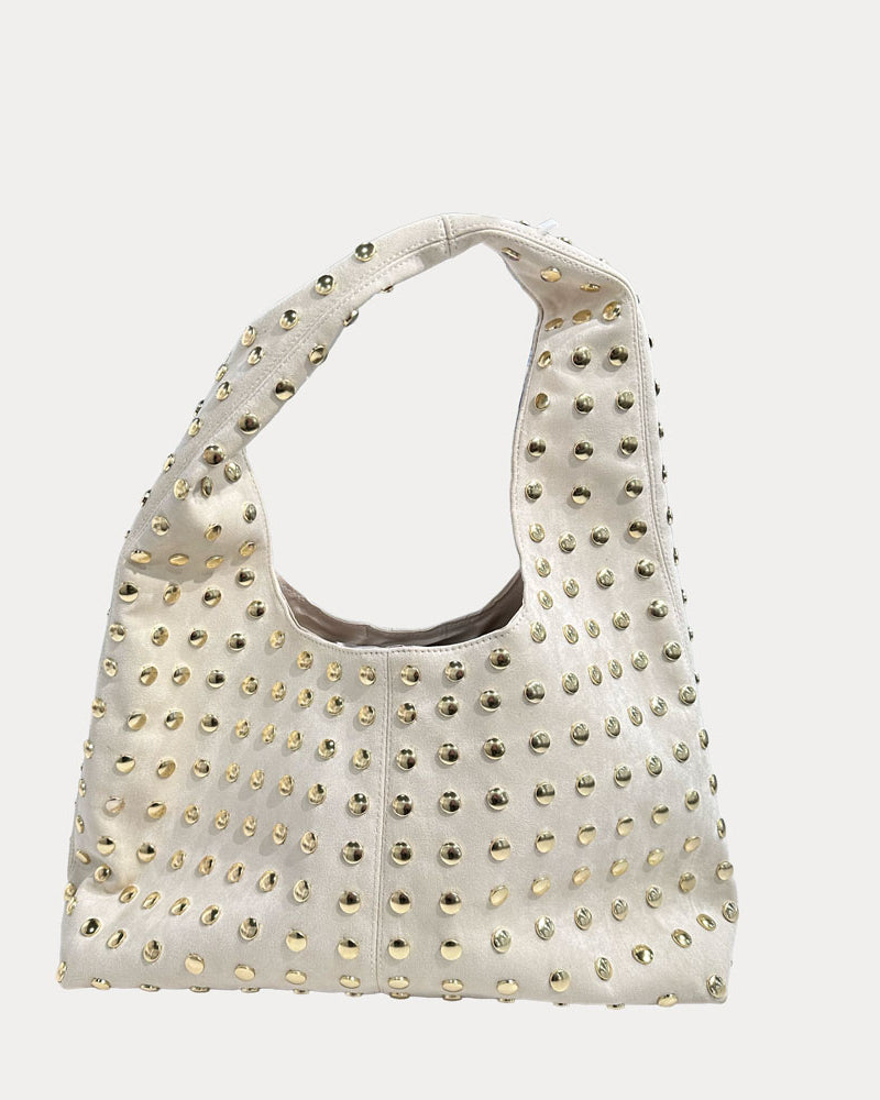 Cream Vegan Suede Tote with gold studs on a white background