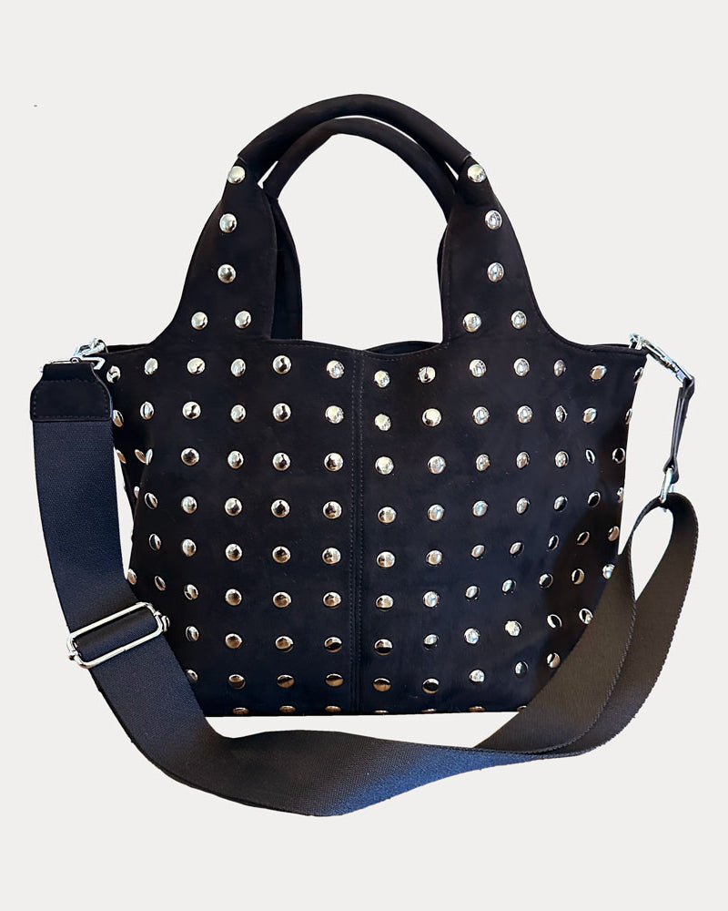 Black Tote with silver studs on a light gray background