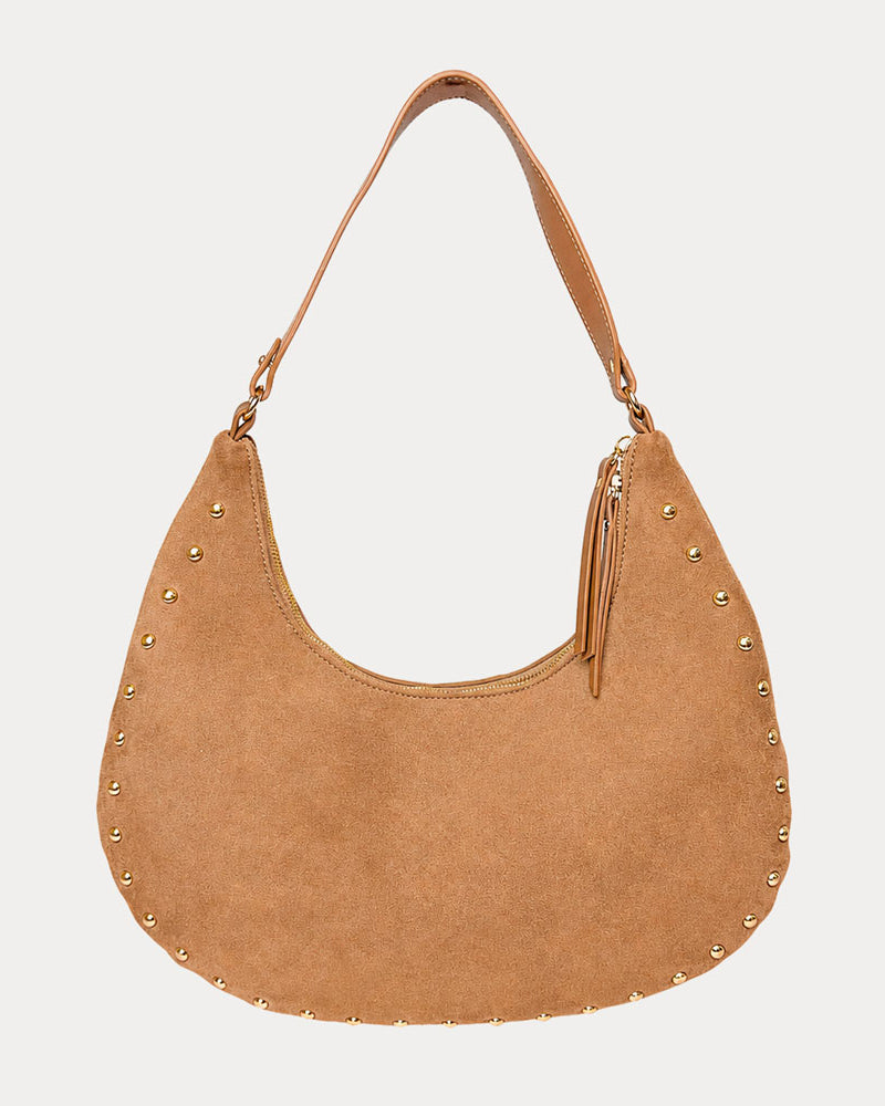 Ginger vegan suede handbag with studs on a light gray background