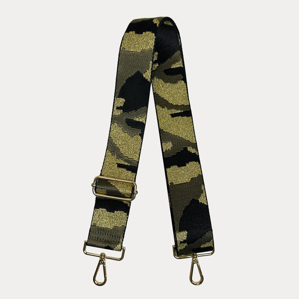 Army, Gold, Black camo patterned bag strap with gold hardware on a light grey background