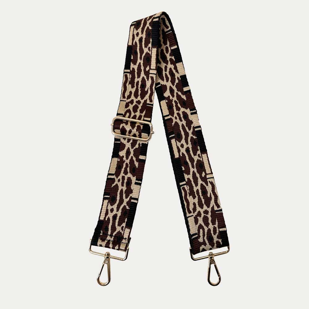 Leopard Mixed Geo Pattern Woven Adjustable Bag Strap in Brown/Tan/Black