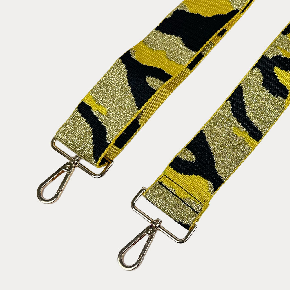 Yellow and black camouflage patterned strap with gold metal clasps