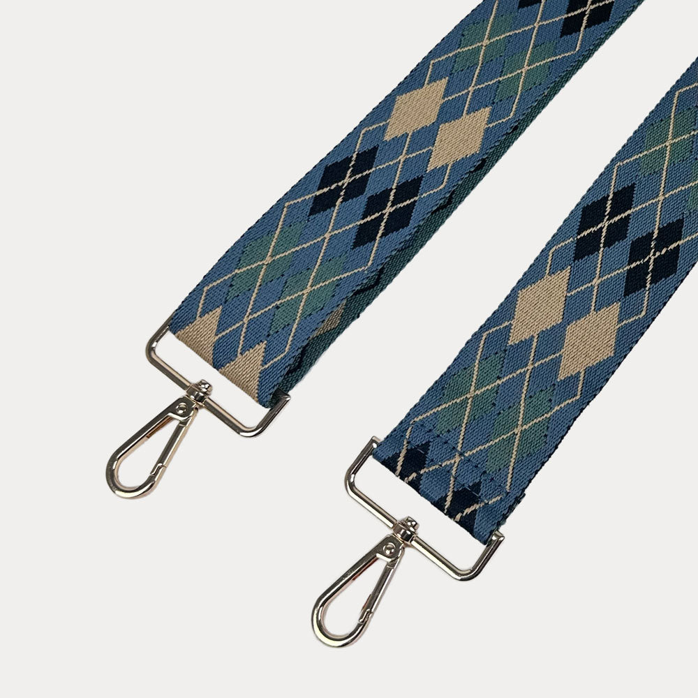 Light Blue, Sage, Cream Argyle Pattern Back Strap with gold metal clasps on a white background