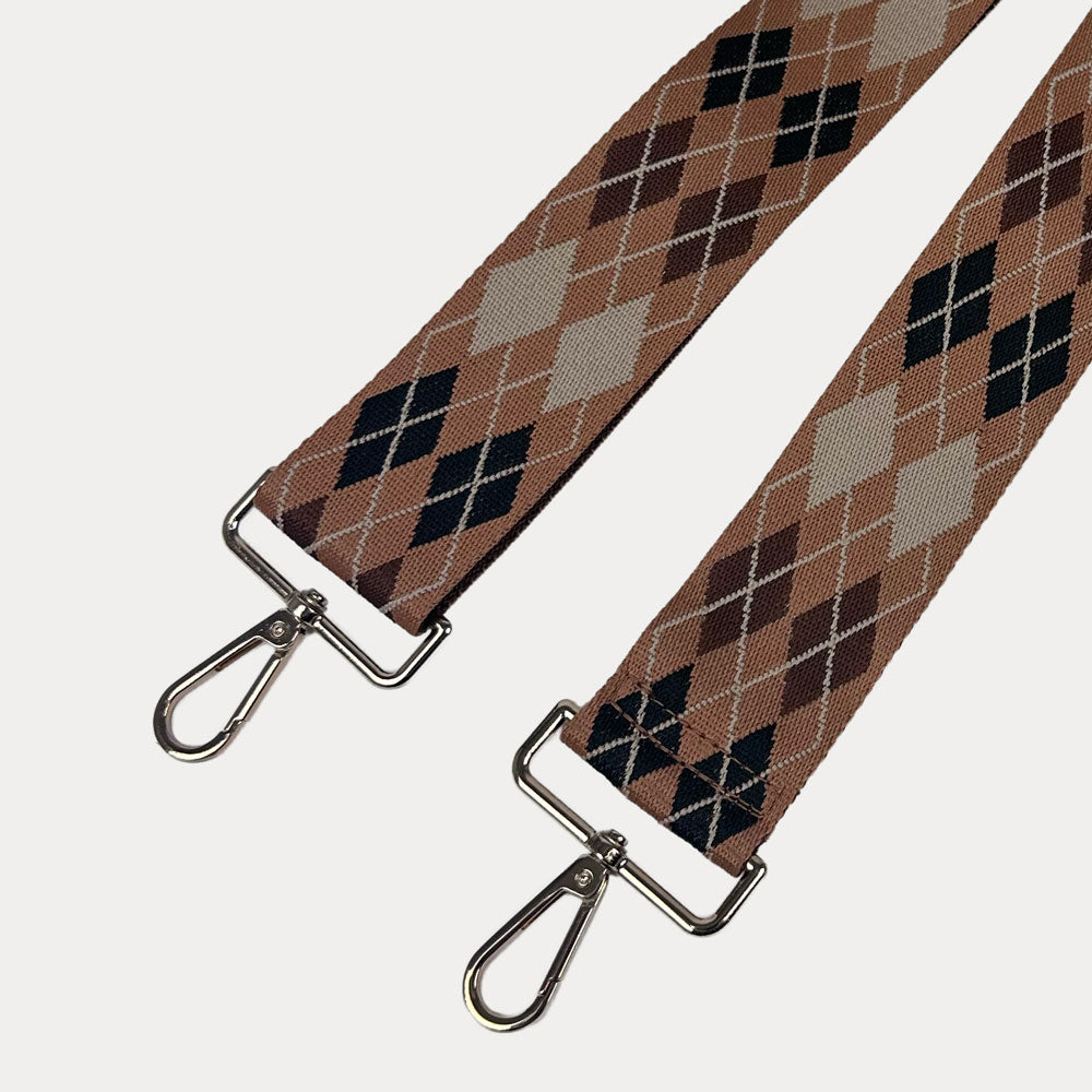 Light Brown, Dark Brown, Black, Cream Argyle Pattern Bag Strap with gold metal clasps on a white background