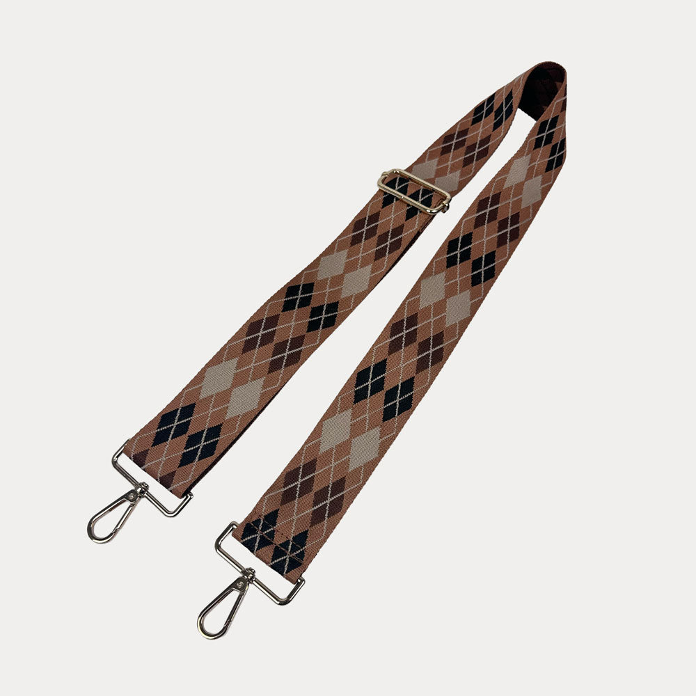 Light Brown, Dark Brown, Black, Cream Argyle Pattern Bag Strap