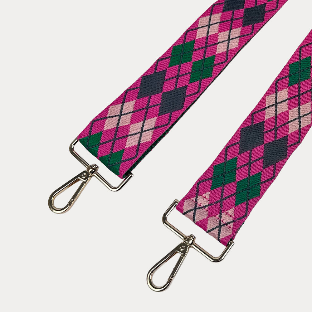Pink, Grey, Green Argyle Pattern Bag Strap with gold metal clasps on a white background