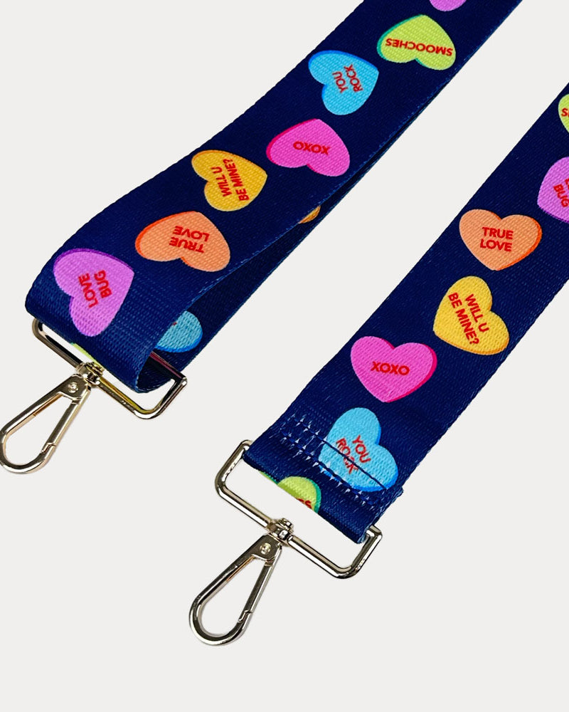 Navy ground conversation heart print bag strap with gold metal clasps