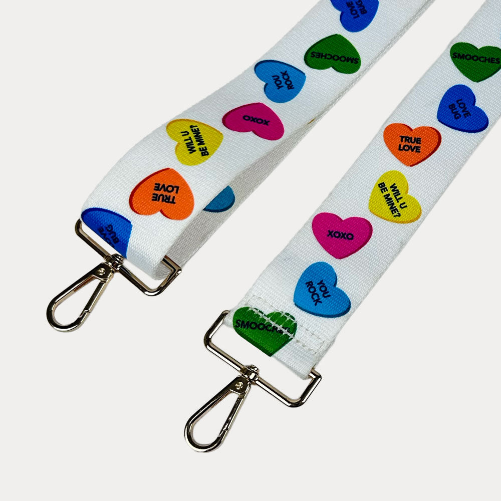White ground conversation heart print bag strap with gold metal clasps