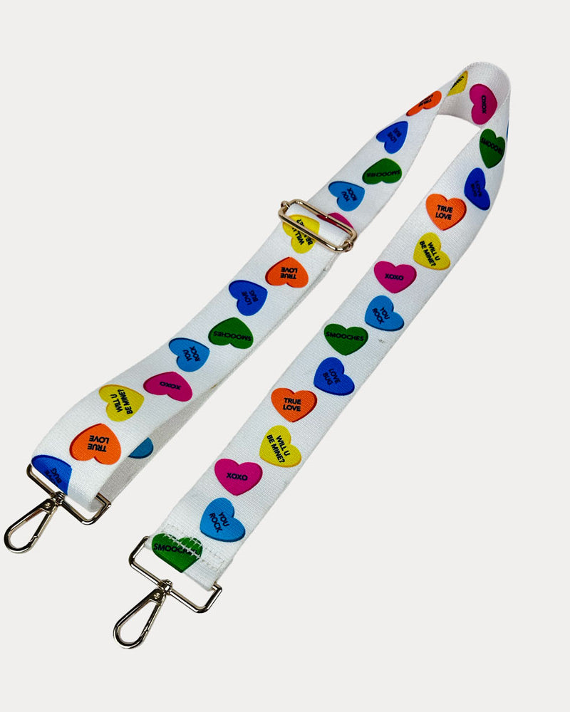 White ground conversation heart print bag strap