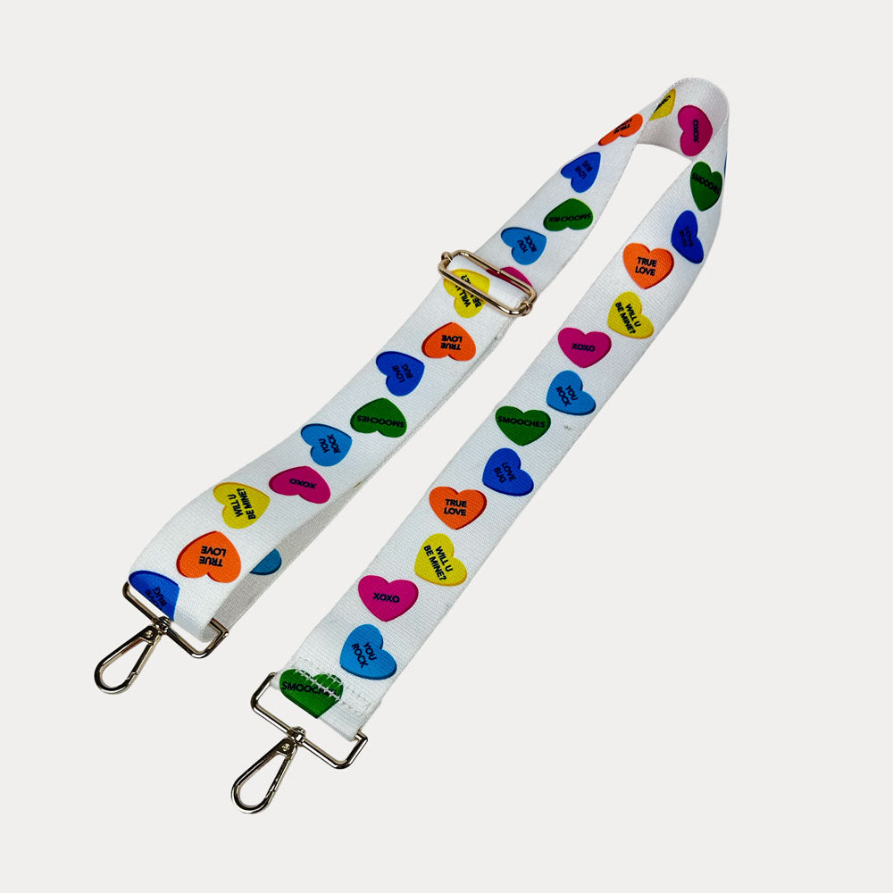 White ground conversation heart print bag strap