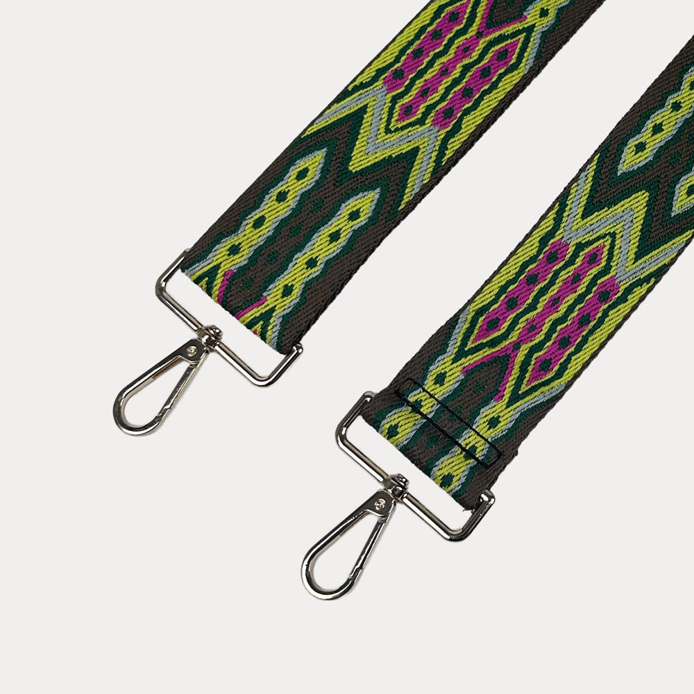 Army, Lime, Pink patterned strap with gold hardware on a light grey background