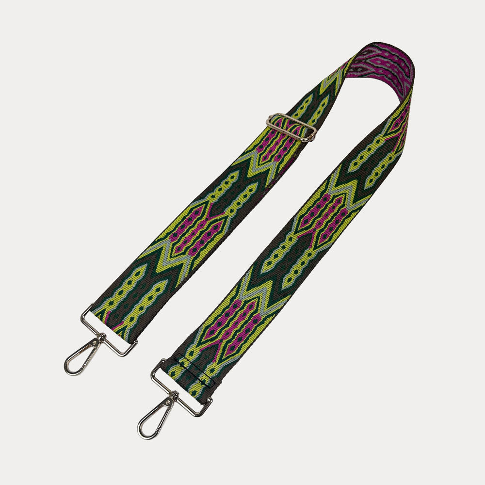 Army, Lime, Pink patterned strap with gold hardware on a light grey background