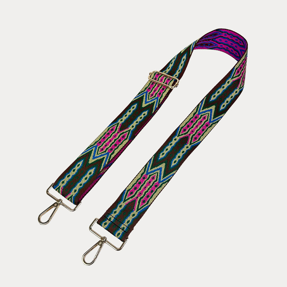 Brown, Pink, Blue patterned strap with gold hardware on a light grey background