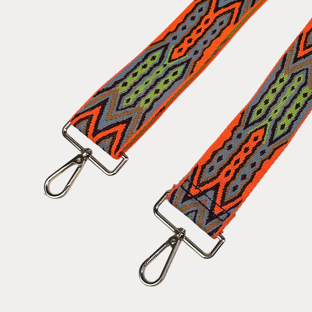 Orange, Lime, Grey patterned strap with gold hardware on a light grey background