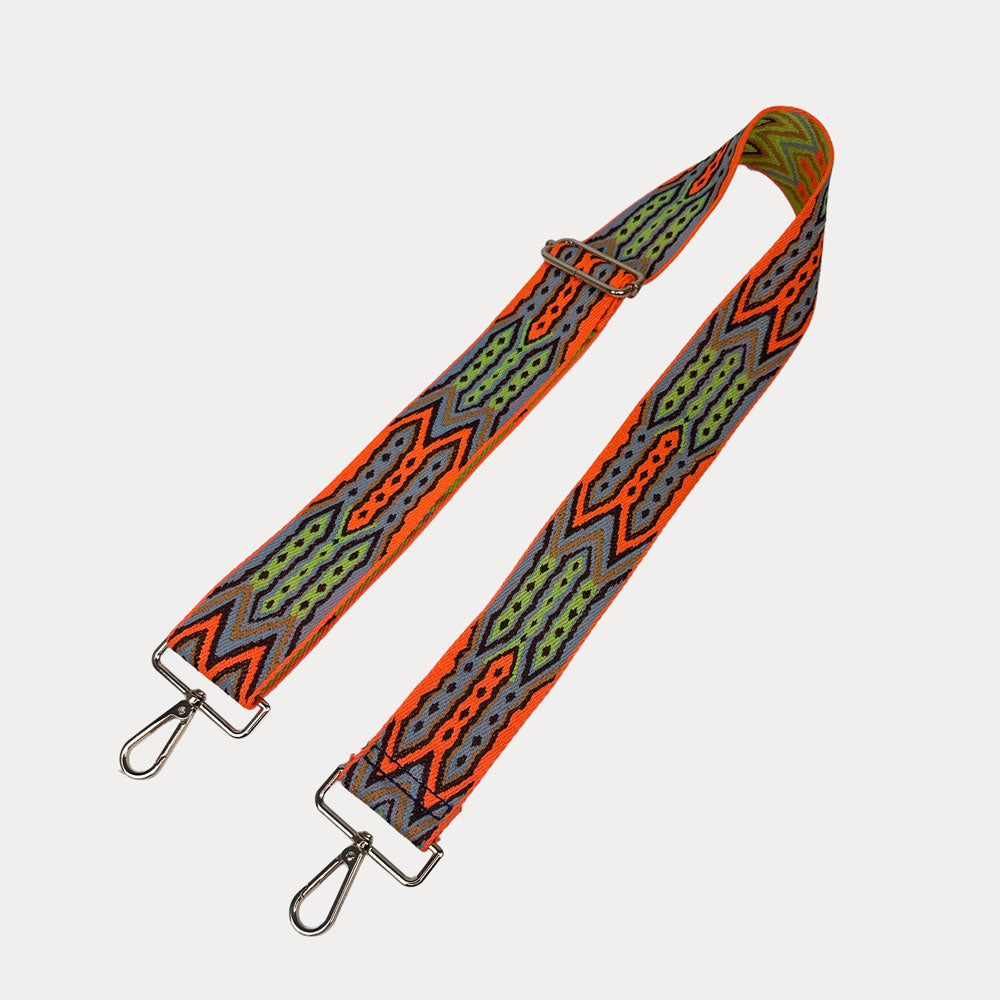 Orange, Lime, Grey patterned strap with gold hardware on a light grey background