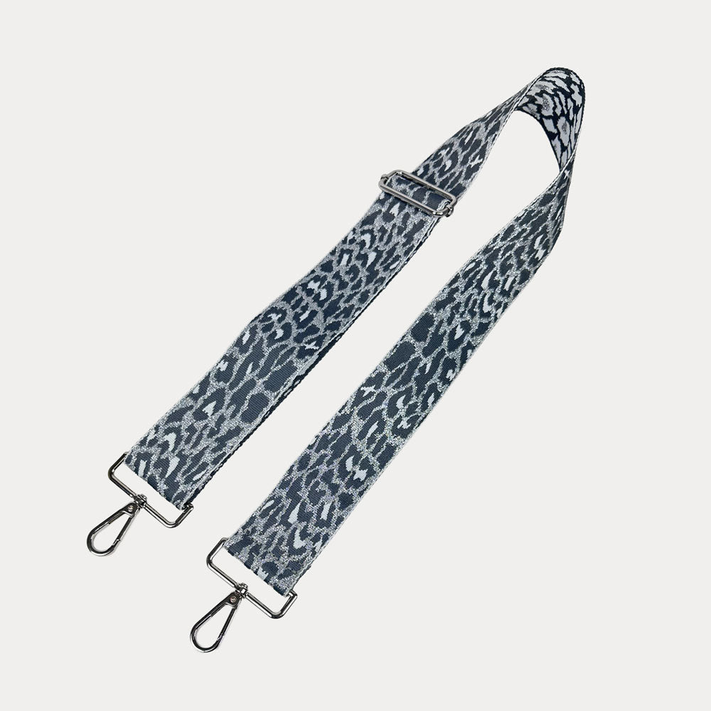 Silver Glitter Cheetah print bag strap on a light gray background
