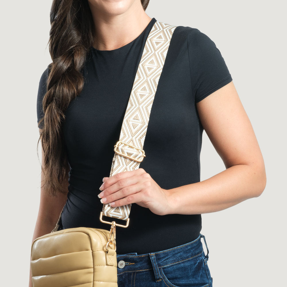 woman wearing the quad woven bag strap in dune