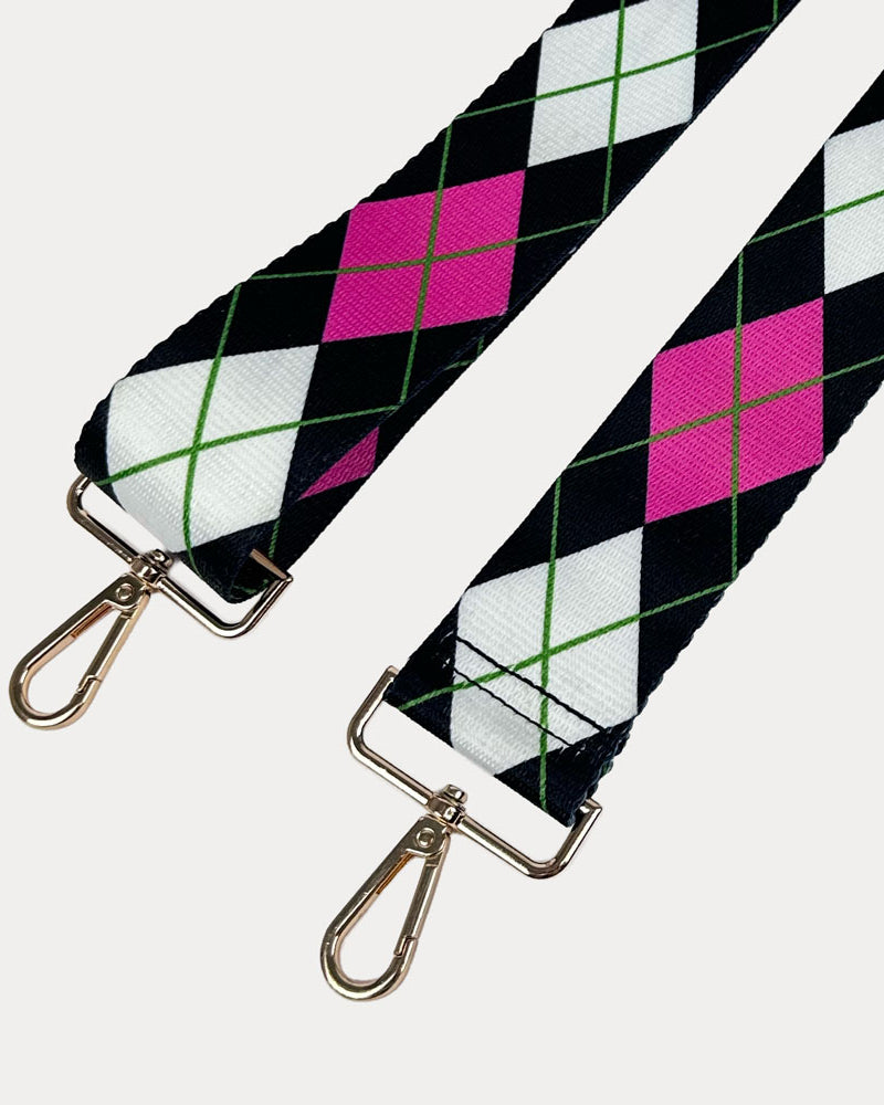 Pink, White, Black Argyle Print with gold hardware bag strap