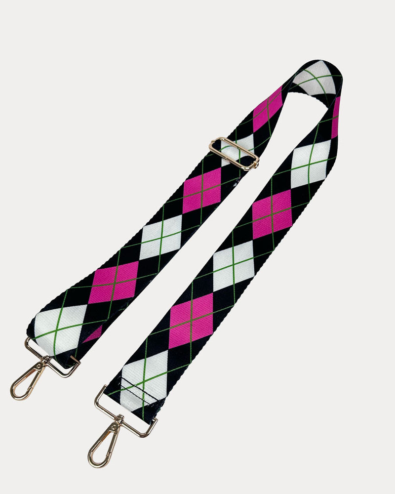 Pink, White, Black Argyle Print with gold hardware bag strap