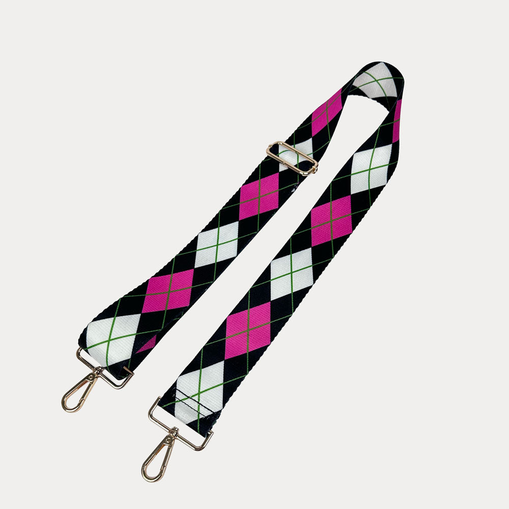 Pink, White, Black Argyle Print with gold hardware bag strap
