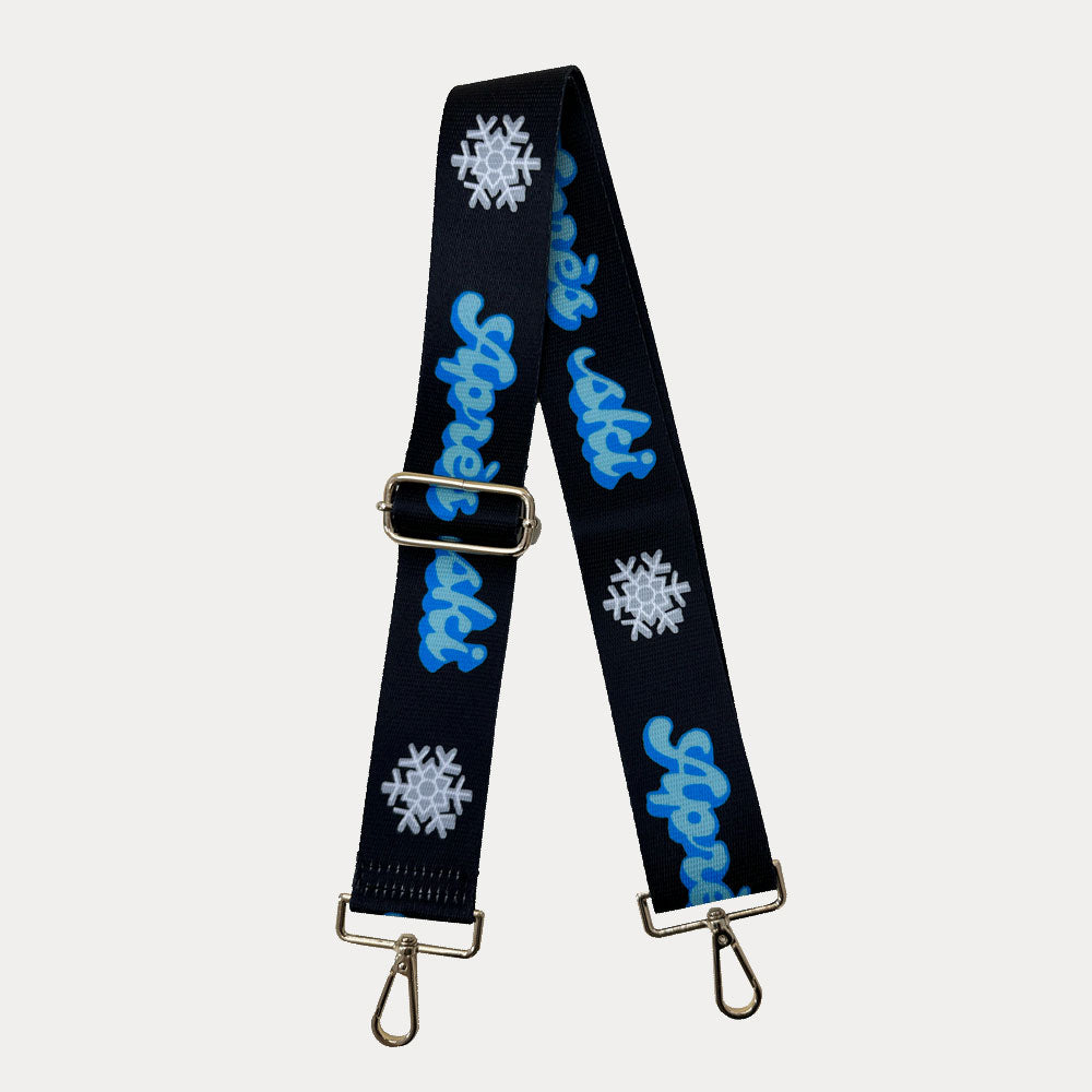 Black Printed Bag Strap: "Apres Ski with snowflake" in Blue Moon