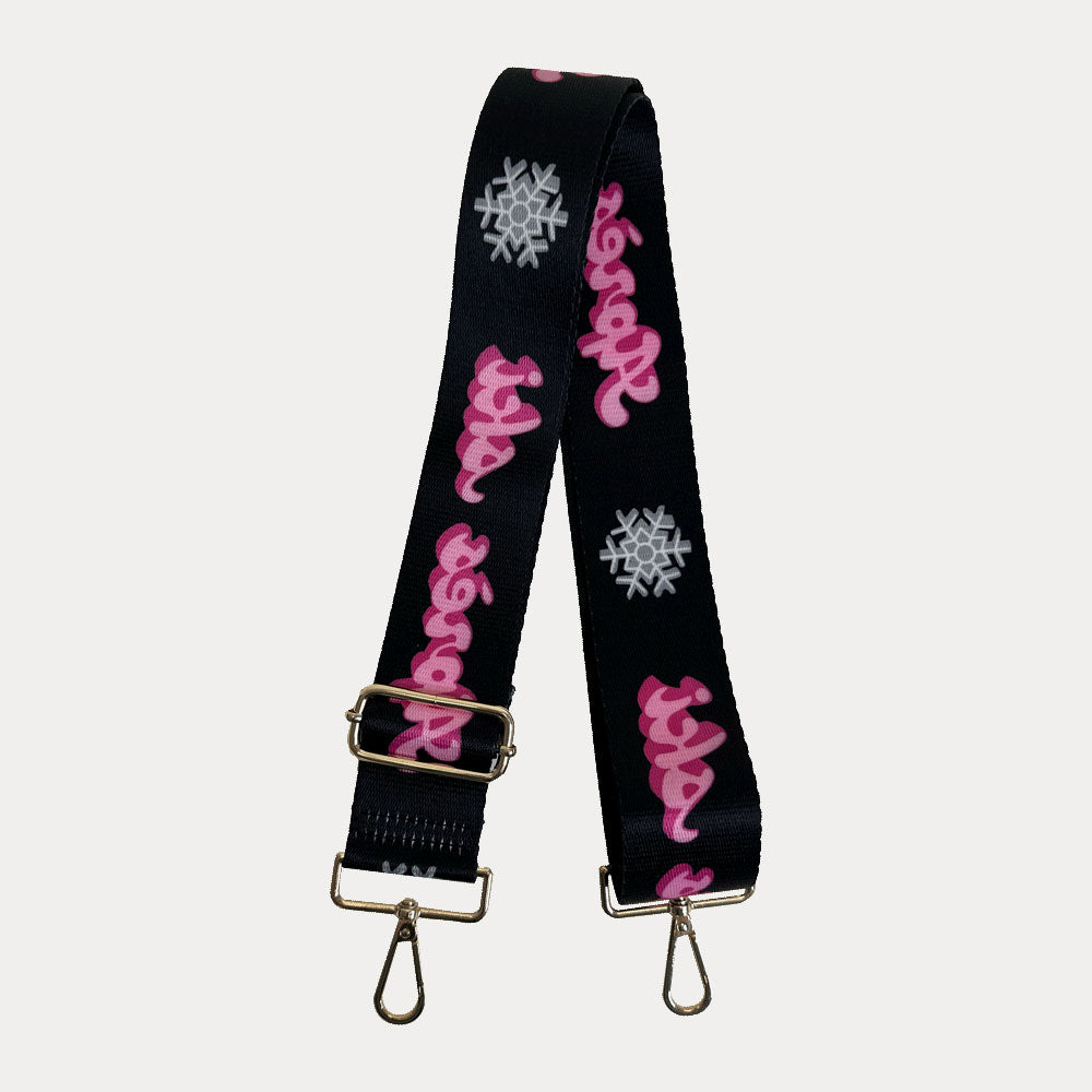 Black Printed Bag Strap: "Apres Ski with snowflake" in Pink