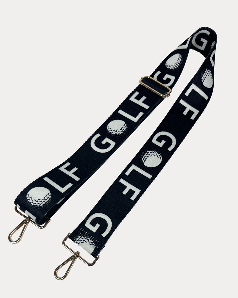 Black ground with text Golf graphics with gold hardware bag strap