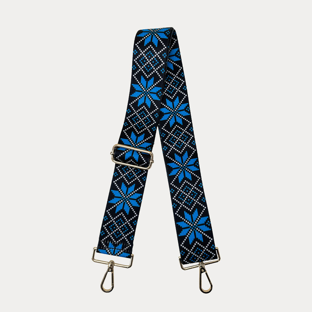 Black Printed Bag Strap with Blue Moon Snowflake pattern