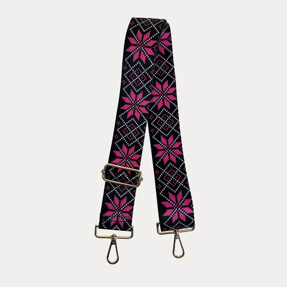 Black Printed Bag Strap with Pink Snowflake pattern