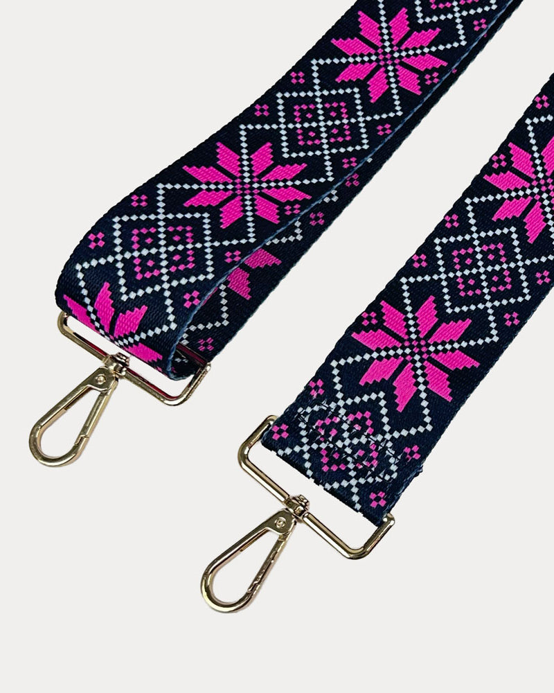 Pink snowflake printed bag strap with gold hardware