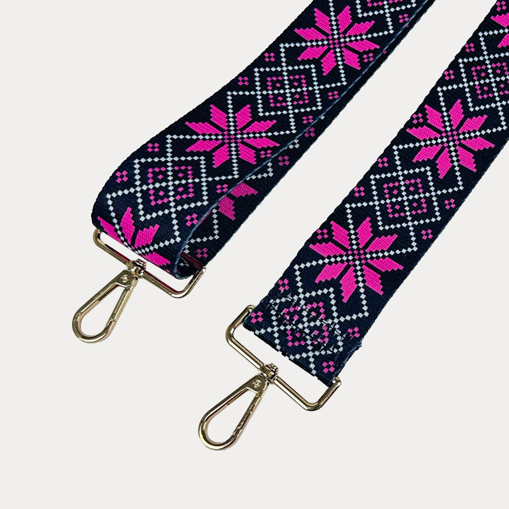 Pink snowflake printed bag strap with gold hardware
