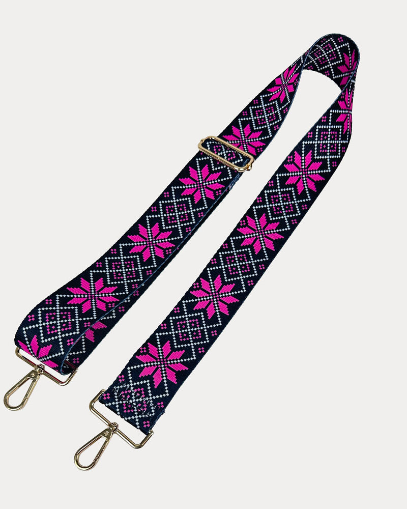 Pink snowflake printed bag strap with gold hardware