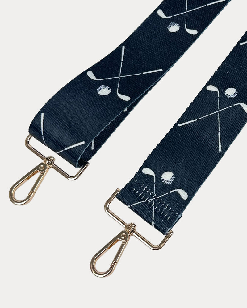 Black ground with Golf Club graphics with gold hardware bag strap