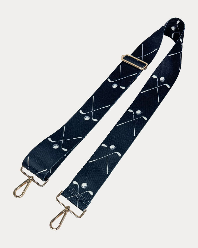 Black ground with Golf Club graphics with gold hardware bag strap