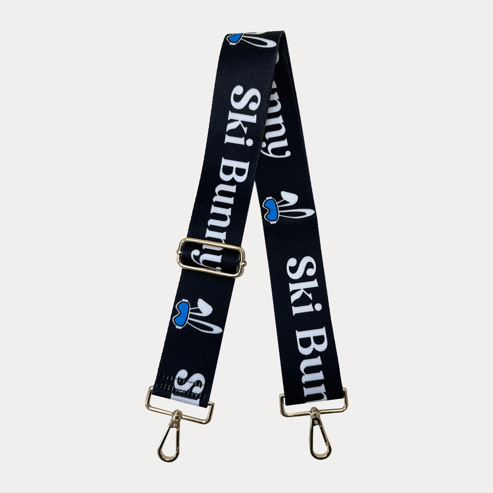 Black Printed Bag Strap: "Ski Bunny with Bunnies" in  Blue Moon