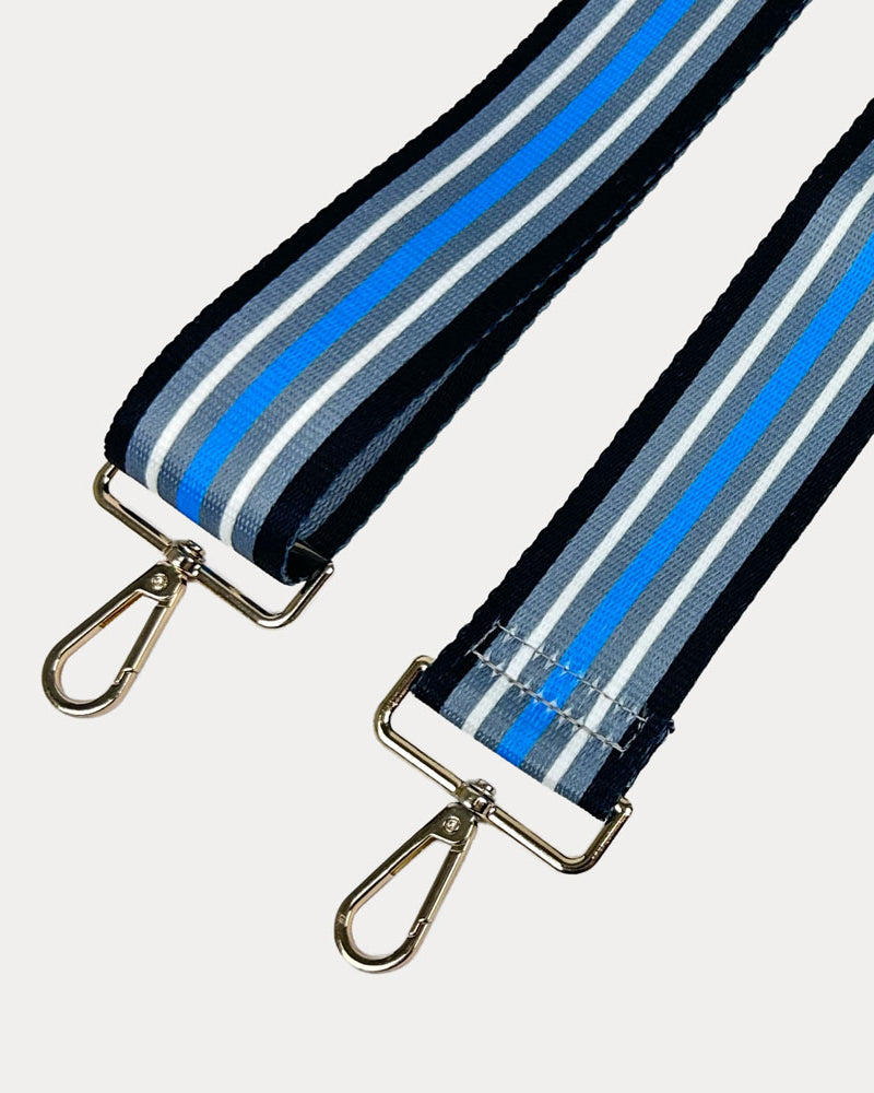Blue, Grey, Black, White printed striped bag strap with gold hardware
