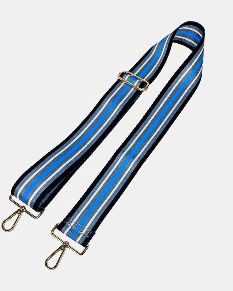 Blue, Grey, Black, White printed striped bag strap with gold hardware