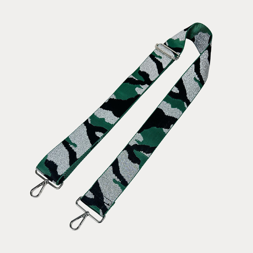 Green, Black, Silver camouflage patterned strap with metal clasps on a light gray background