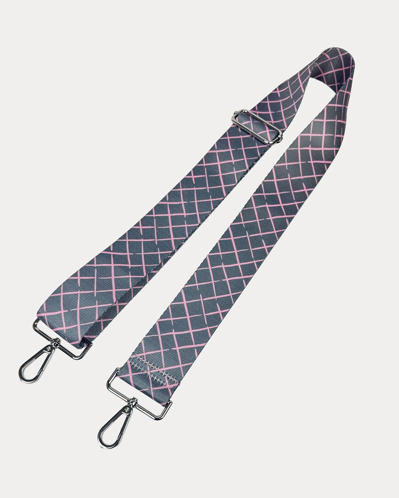 Grey and pink patterned strap with silver hardware on a white background