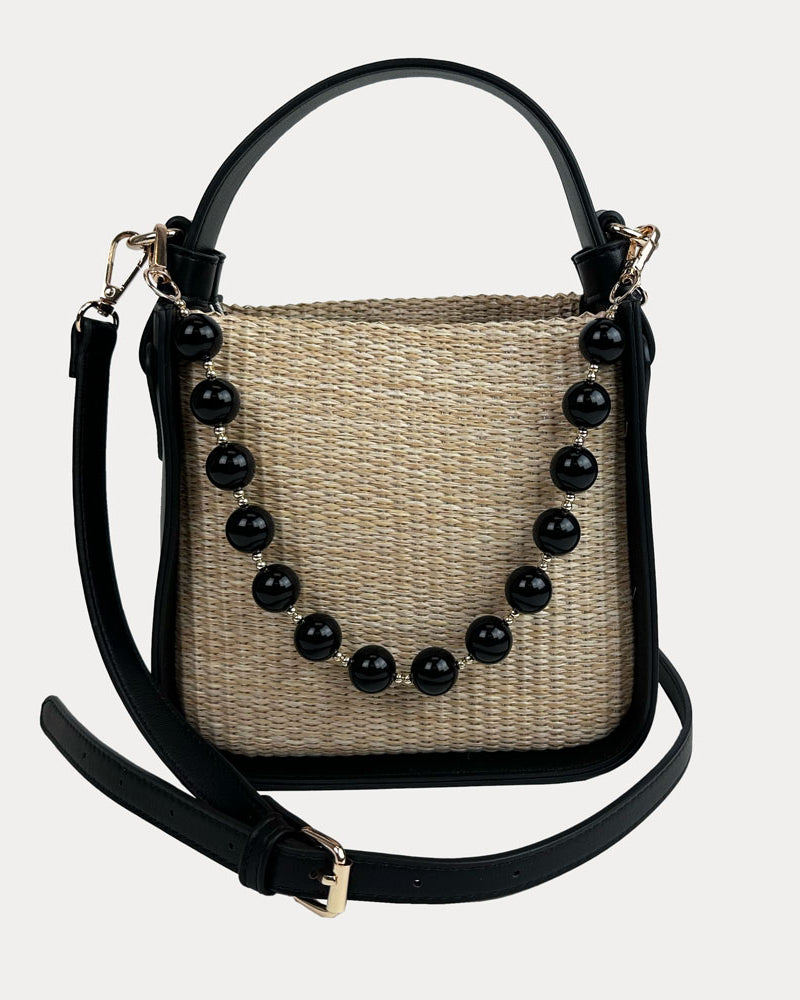Carly Raffia Bag Black. Vegan Leather Handle and Sides, Bead Trim, and Adjustable Vegan Leather Bag Strap
