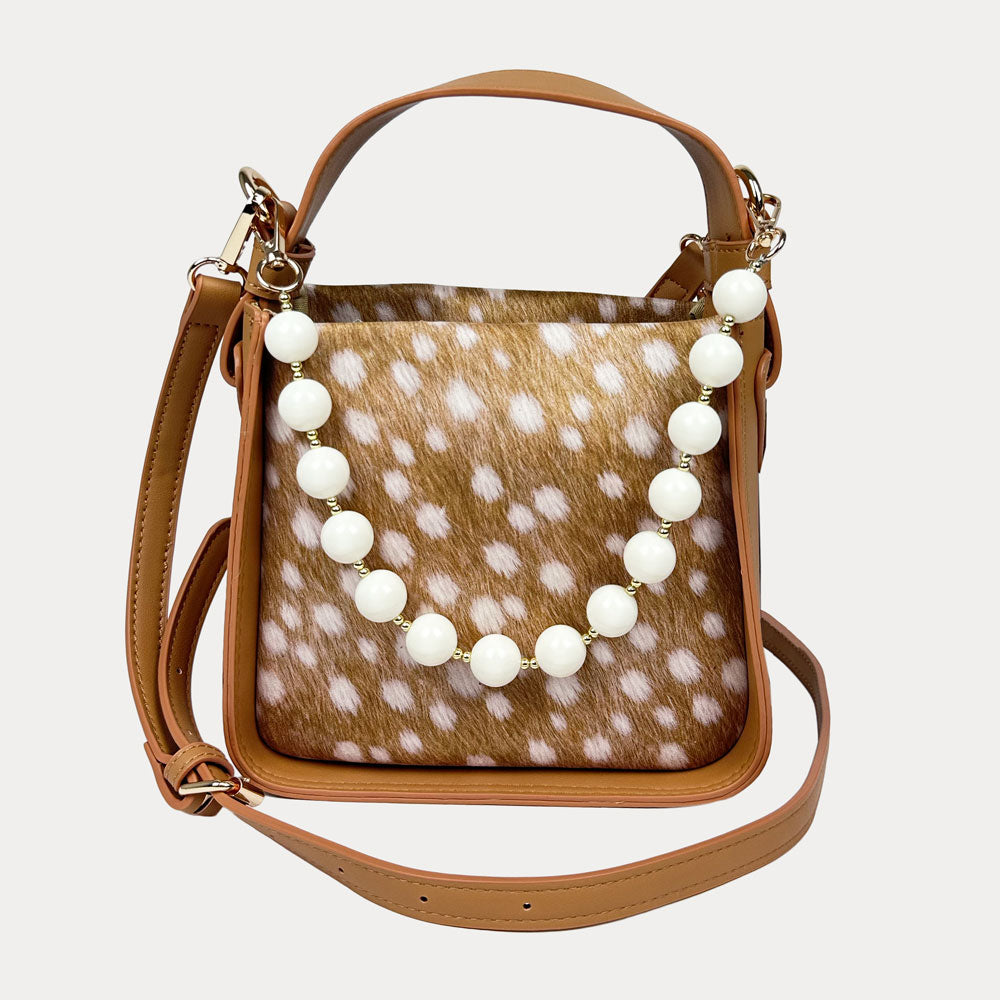 Handbag with Deer Print and Camel Vegan Leather Details with Cream Bead Trim and a Camel Vegan Leather Bag strap.