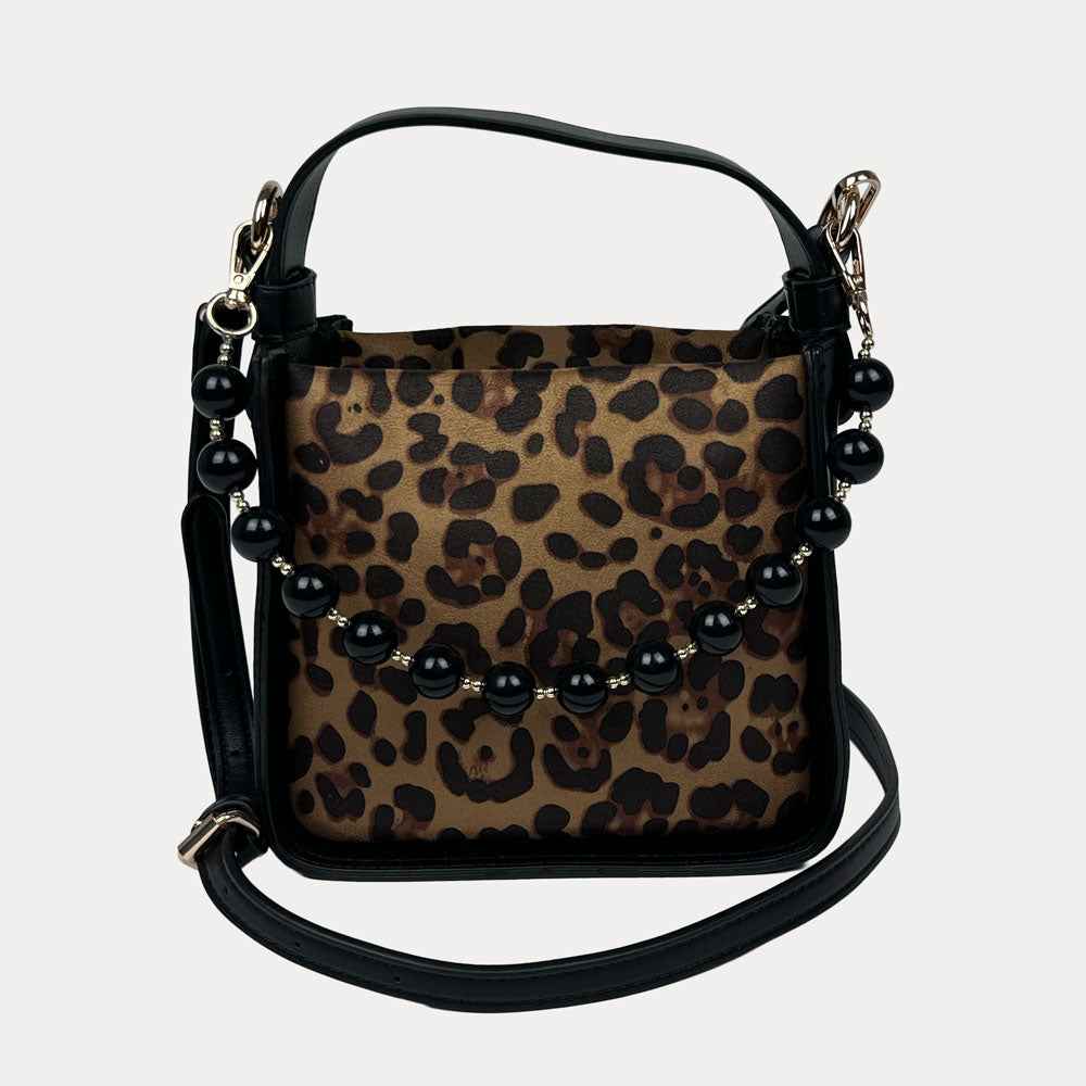 Handbag with Leopard Print and Black Vegan Leather Details with Black Bead Trim and a Black Vegan Leather Bag strap.