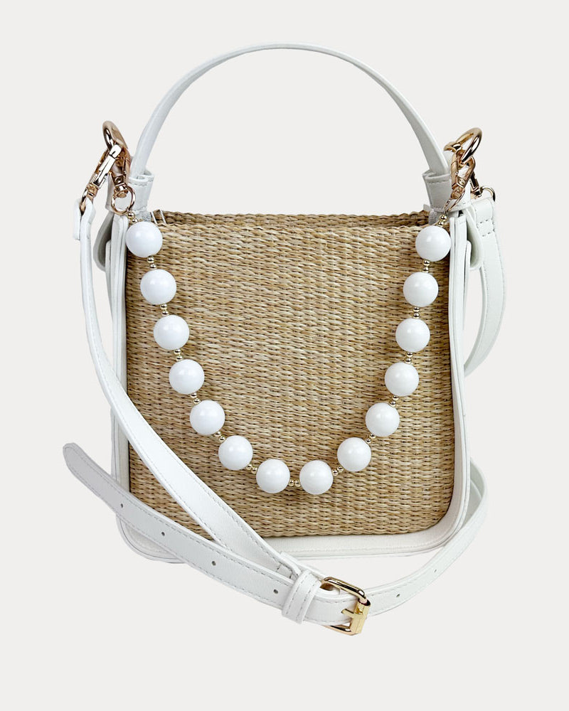 Carly Raffia Bag White. Vegan Leather Handle and Sides, Bead Trim, and Adjustable Vegan Leather Bag Strap